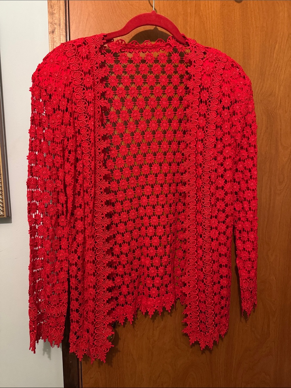 Red Crochet Open-Front Women's Sweater Cardigan